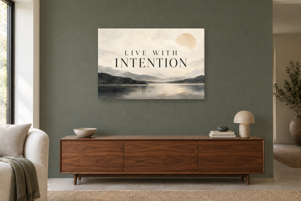 Live With Intention — horizontal canvas in a living room, full original artwork