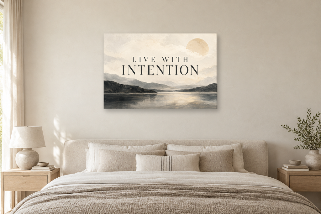 Live With Intention — horizontal canvas in a bedroom, full original artwork