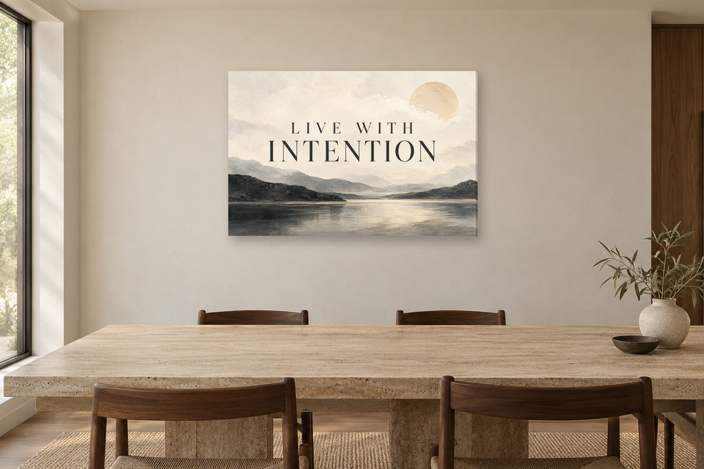 Live With Intention — horizontal canvas in a dining room, full original artwork
