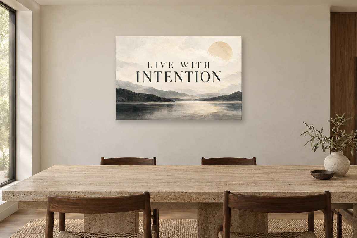 Live With Intention — horizontal canvas in a dining room, full original artwork