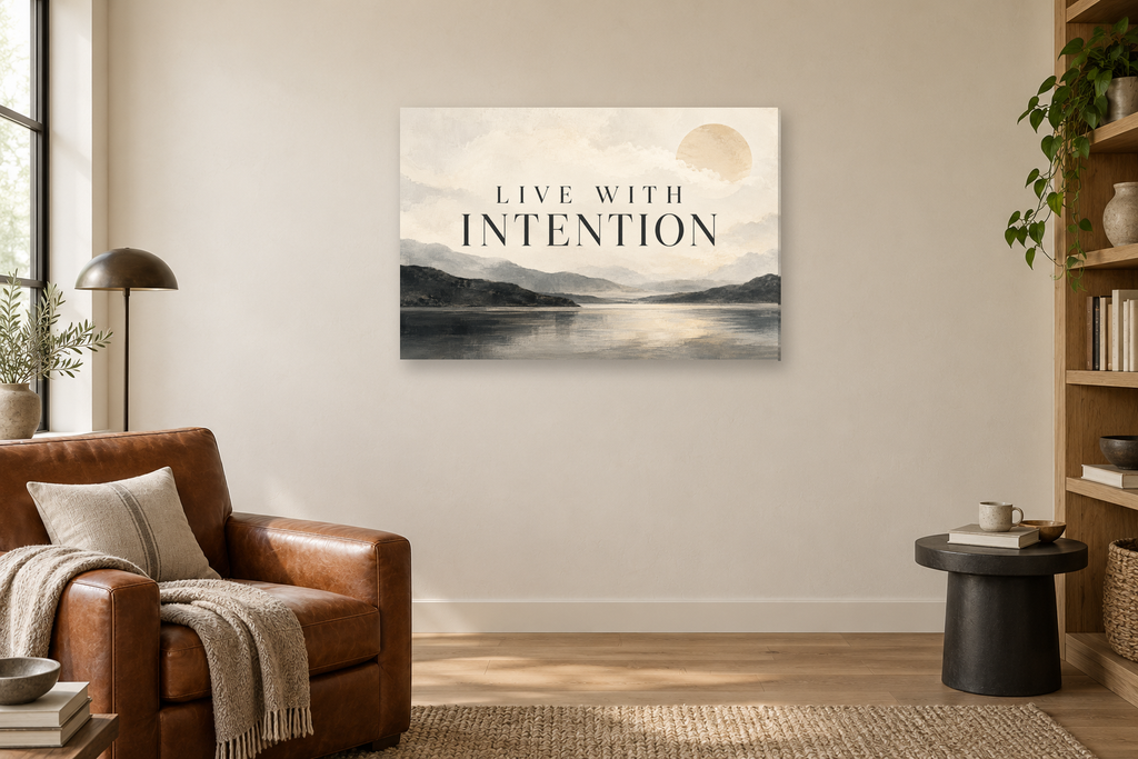Live With Intention — horizontal canvas in a reading corner, full original artwork