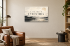 Live With Intention — horizontal canvas in a reading corner, full original artwork