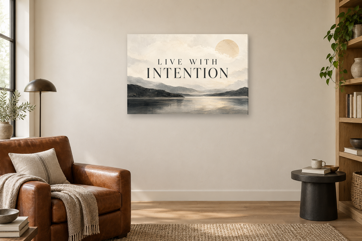 Live With Intention — horizontal canvas in a reading corner, full original artwork