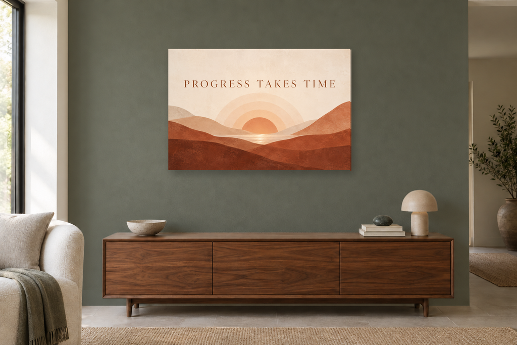 Progress Takes Time — horizontal canvas in a living room, full original artwork