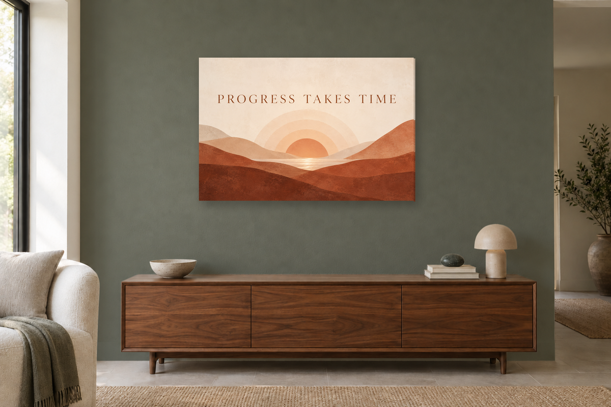 Progress Takes Time — horizontal canvas in a living room, full original artwork