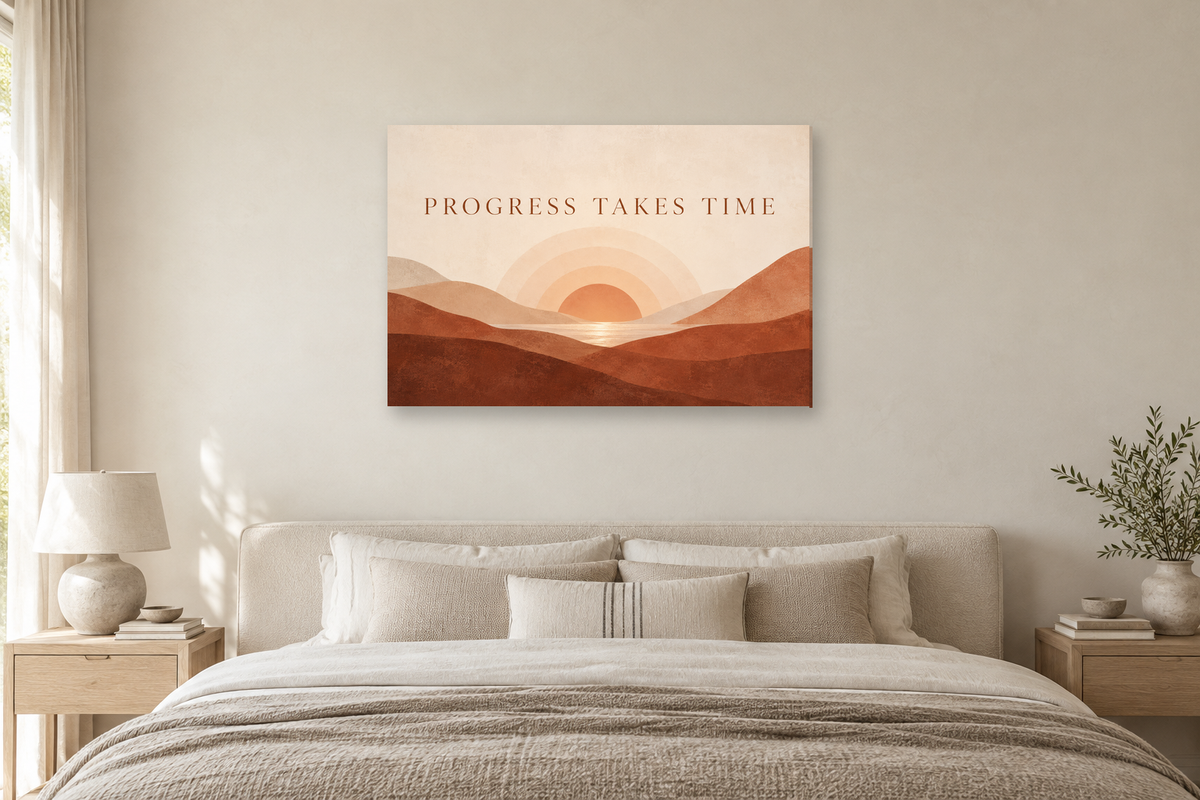 Progress Takes Time — horizontal canvas in a bedroom, full original artwork