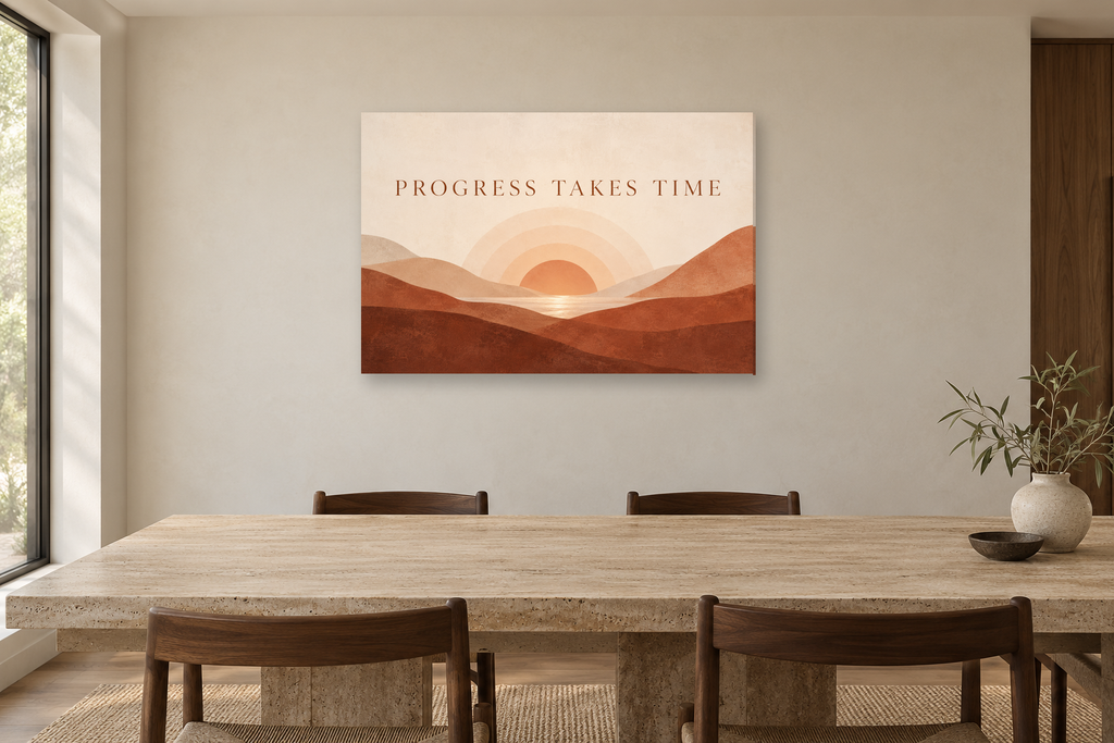 Progress Takes Time — horizontal canvas in a dining room, full original artwork