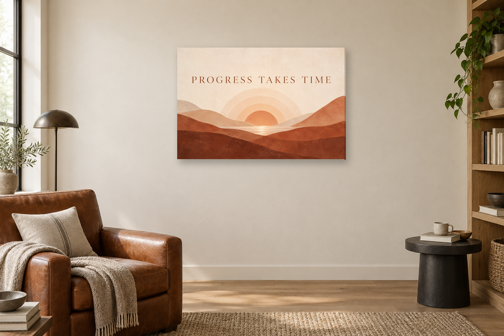 Progress Takes Time — horizontal canvas in a reading corner, full original artwork