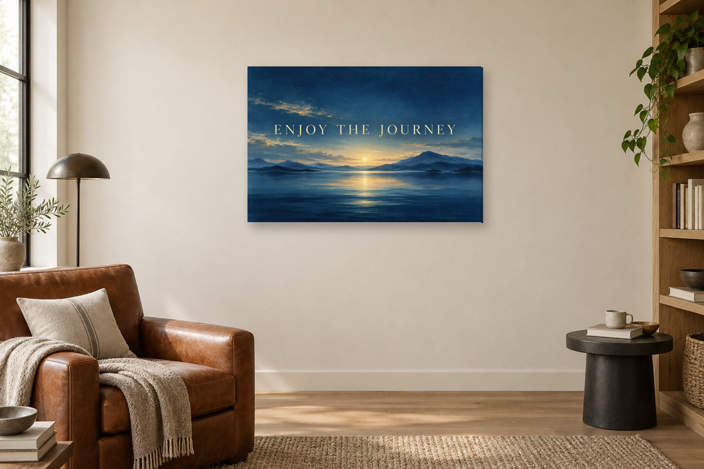 Enjoy The Journey — horizontal canvas in a reading corner, full original artwork