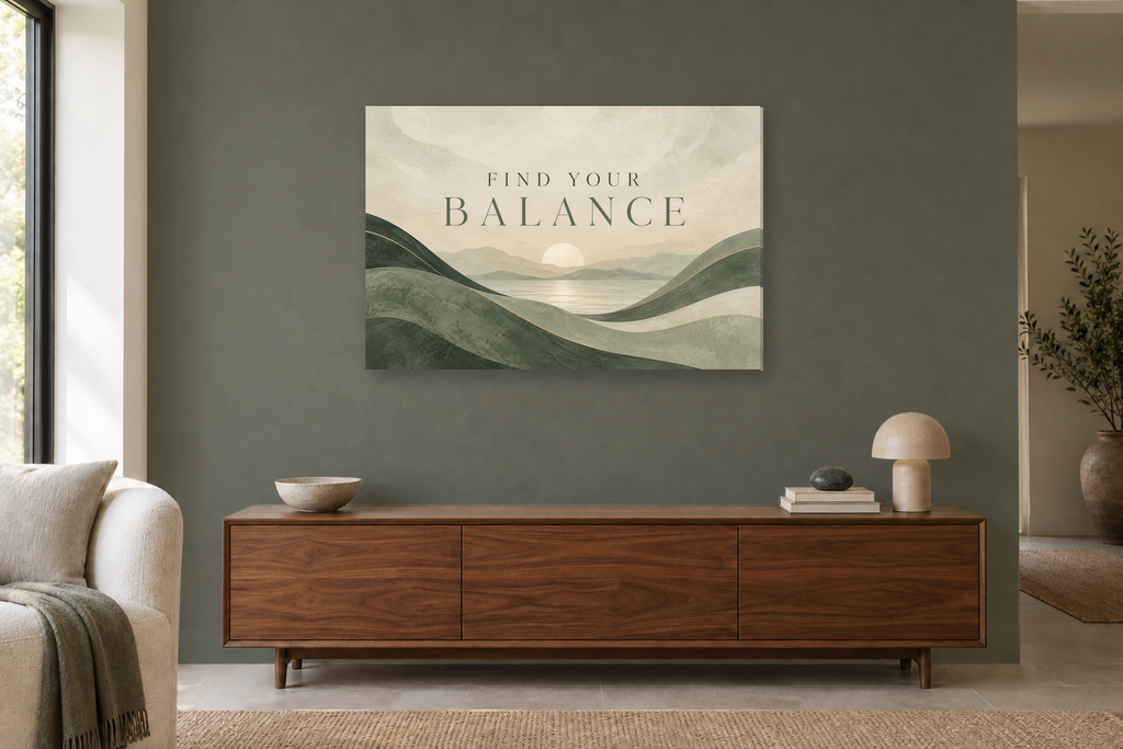 Find Your Balance — horizontal canvas in a living room, full original artwork