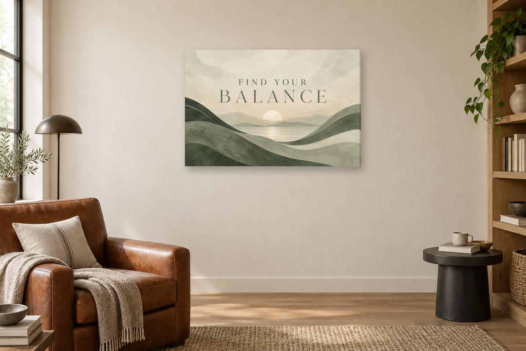Find Your Balance — horizontal canvas in a reading corner, full original artwork