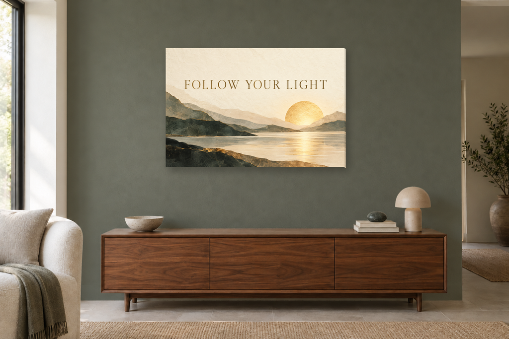 Follow Your Light — horizontal canvas in a living room, full original artwork