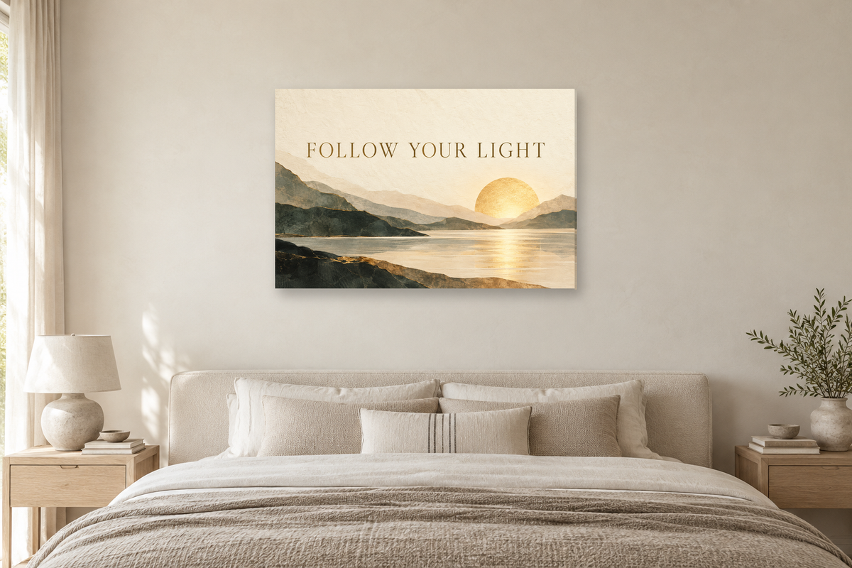 Follow Your Light — horizontal canvas in a bedroom, full original artwork