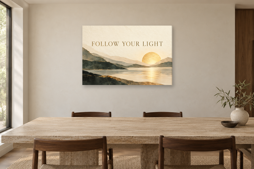 Follow Your Light — horizontal canvas in a dining room, full original artwork