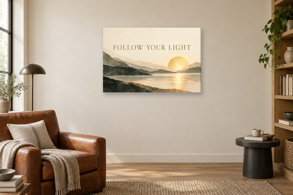 Follow Your Light — horizontal canvas in a reading corner, full original artwork