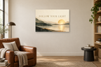 Follow Your Light — horizontal canvas in a reading corner, full original artwork