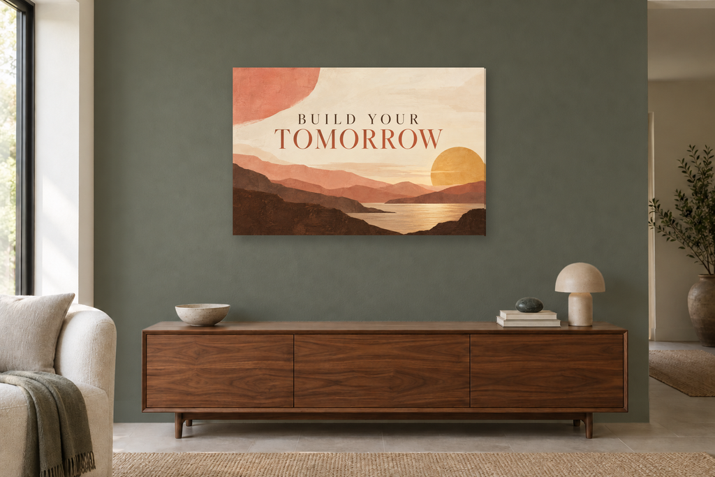 Build Your Tomorrow — horizontal canvas in a living room, full original artwork