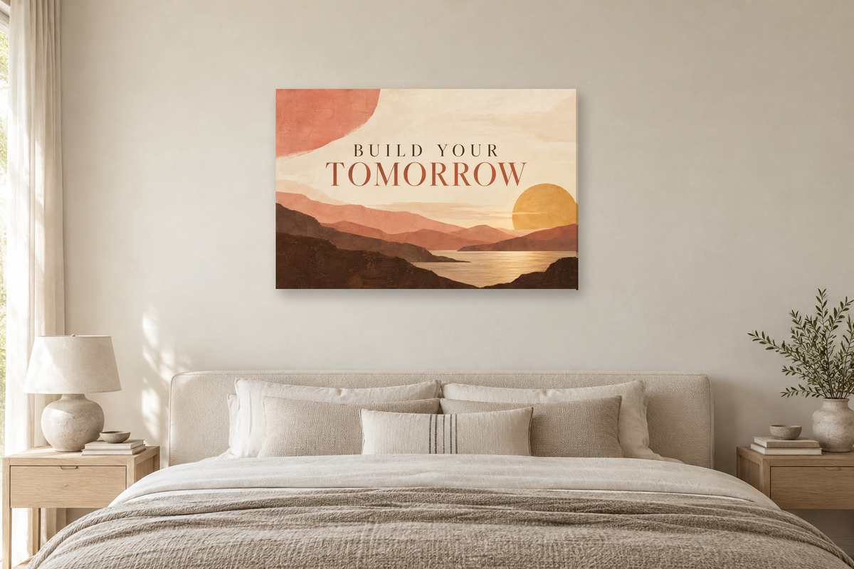Build Your Tomorrow — horizontal canvas in a bedroom, full original artwork