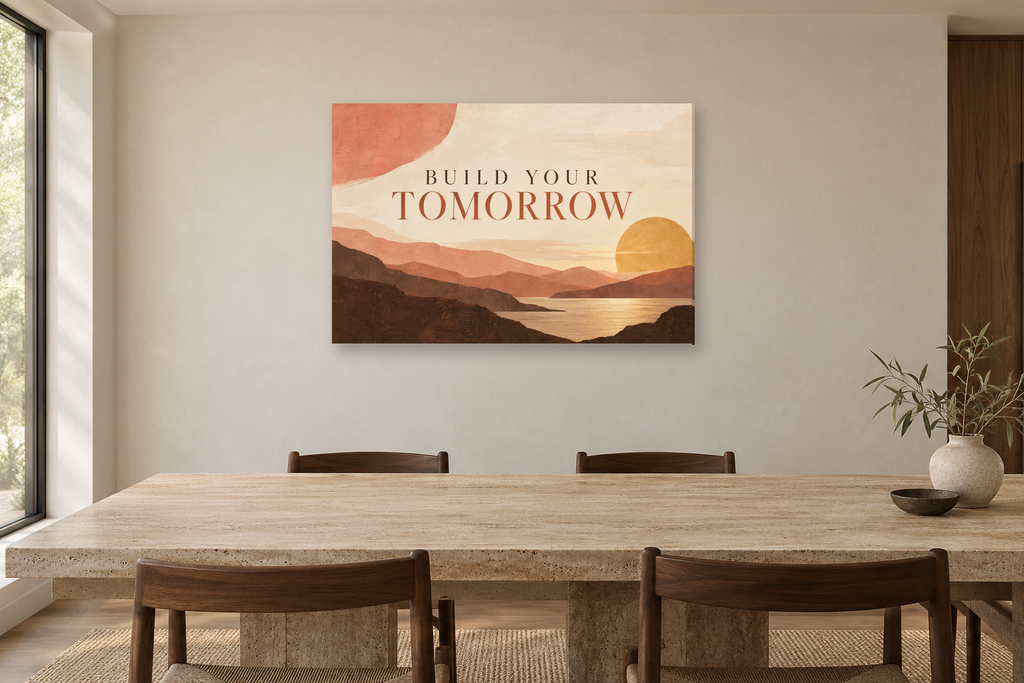 Build Your Tomorrow — horizontal canvas in a dining room, full original artwork