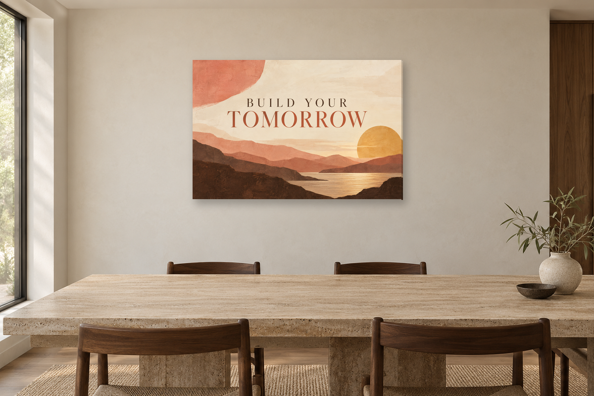Build Your Tomorrow — horizontal canvas in a dining room, full original artwork