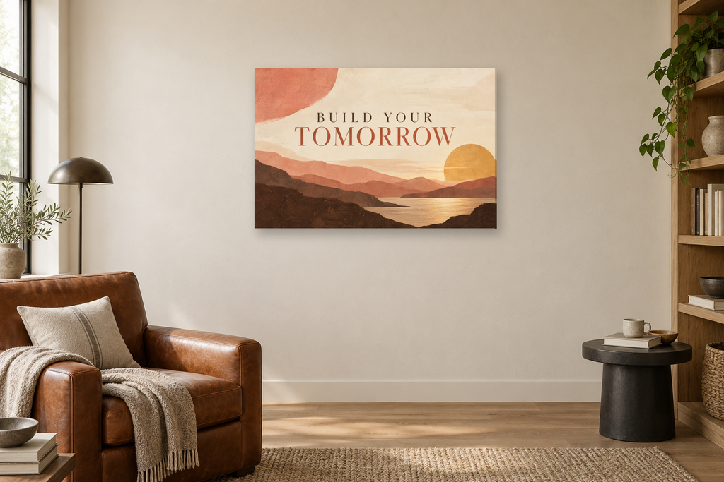 Build Your Tomorrow — horizontal canvas in a reading corner, full original artwork
