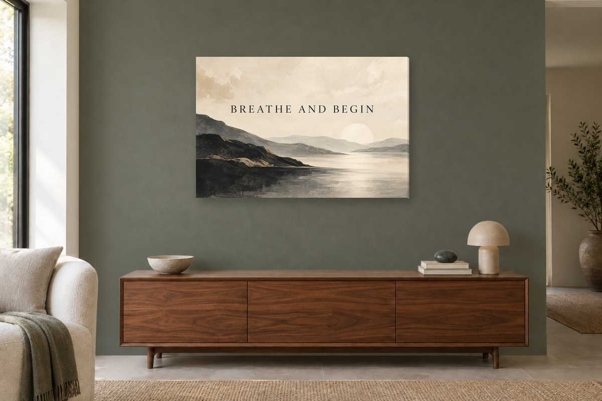 Breathe And Begin — horizontal canvas in a living room, full original artwork