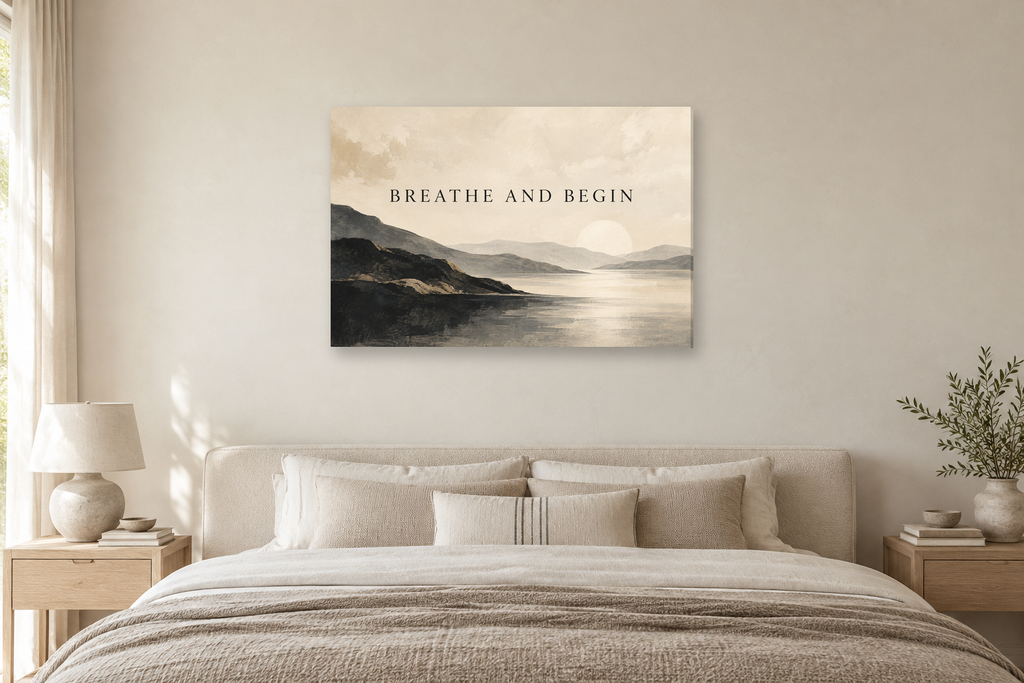 Breathe And Begin — horizontal canvas in a bedroom, full original artwork