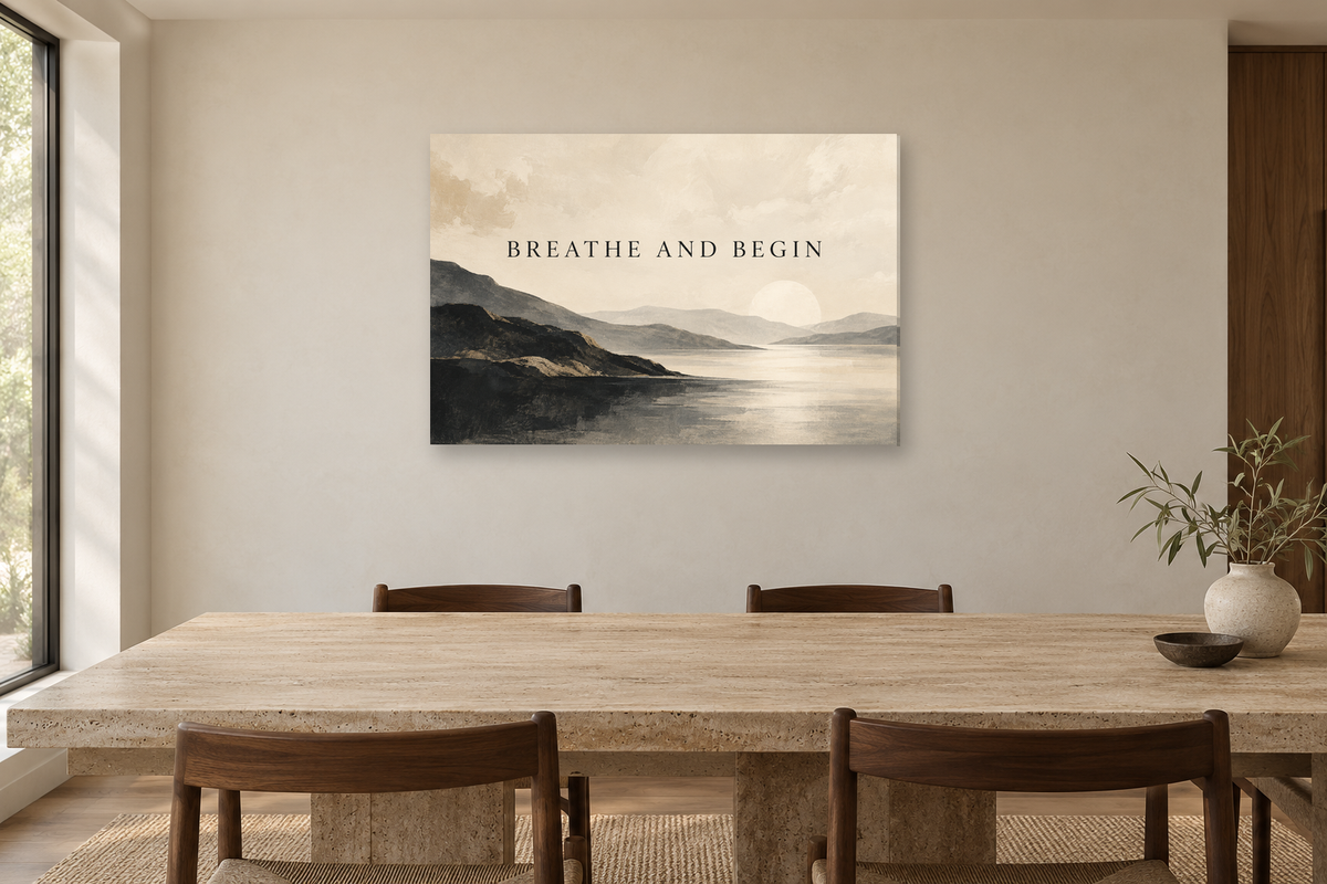 Breathe And Begin — horizontal canvas in a dining room, full original artwork