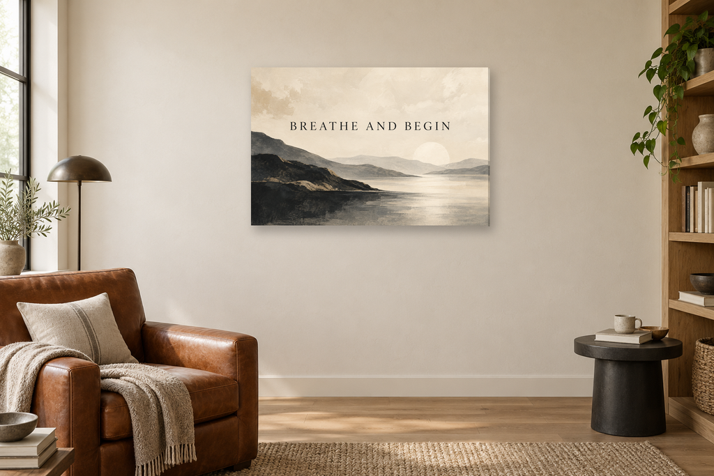Breathe And Begin — horizontal canvas in a reading corner, full original artwork