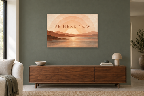 Be Here Now — horizontal canvas in a living room, full original artwork