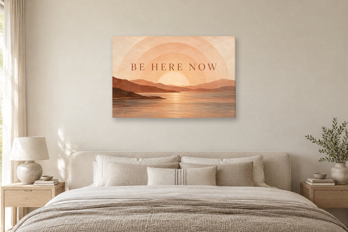 Be Here Now — horizontal canvas in a bedroom, full original artwork