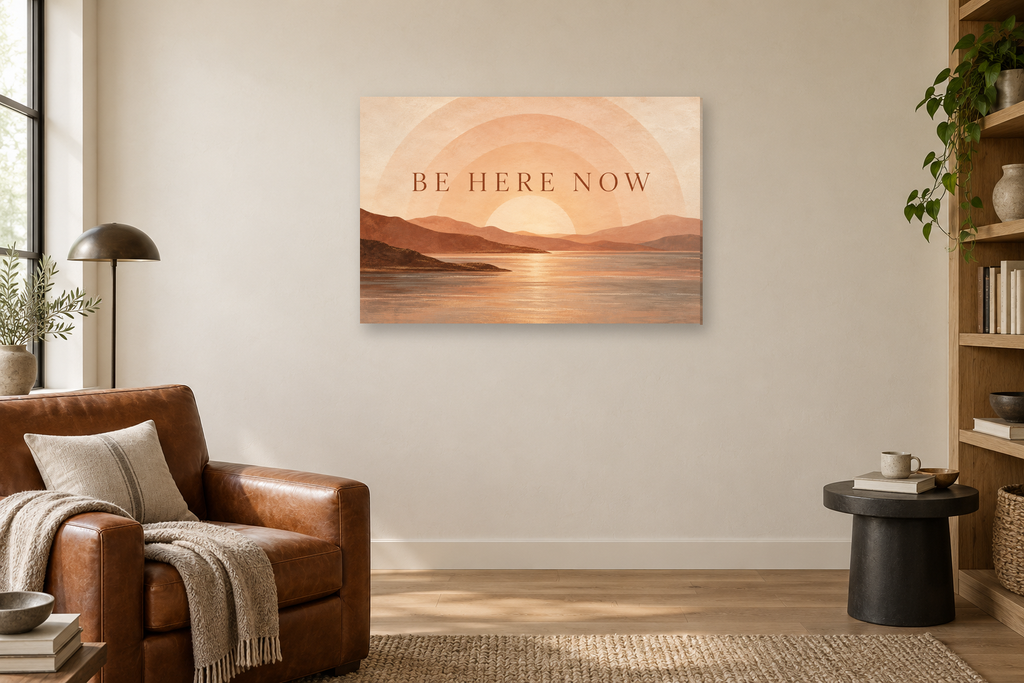 Be Here Now — horizontal canvas in a reading corner, full original artwork