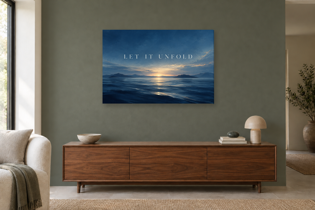 Let It Unfold — horizontal canvas in a living room, full original artwork
