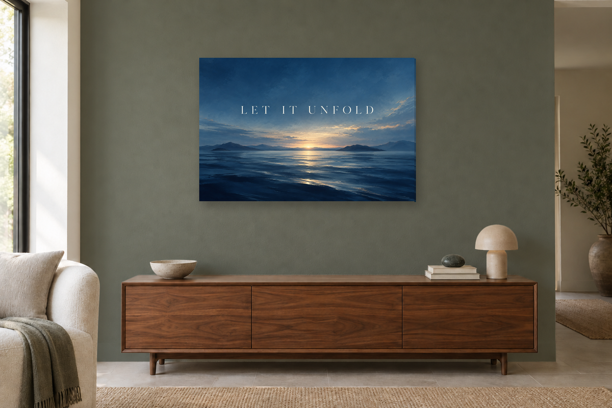 Let It Unfold — horizontal canvas in a living room, full original artwork