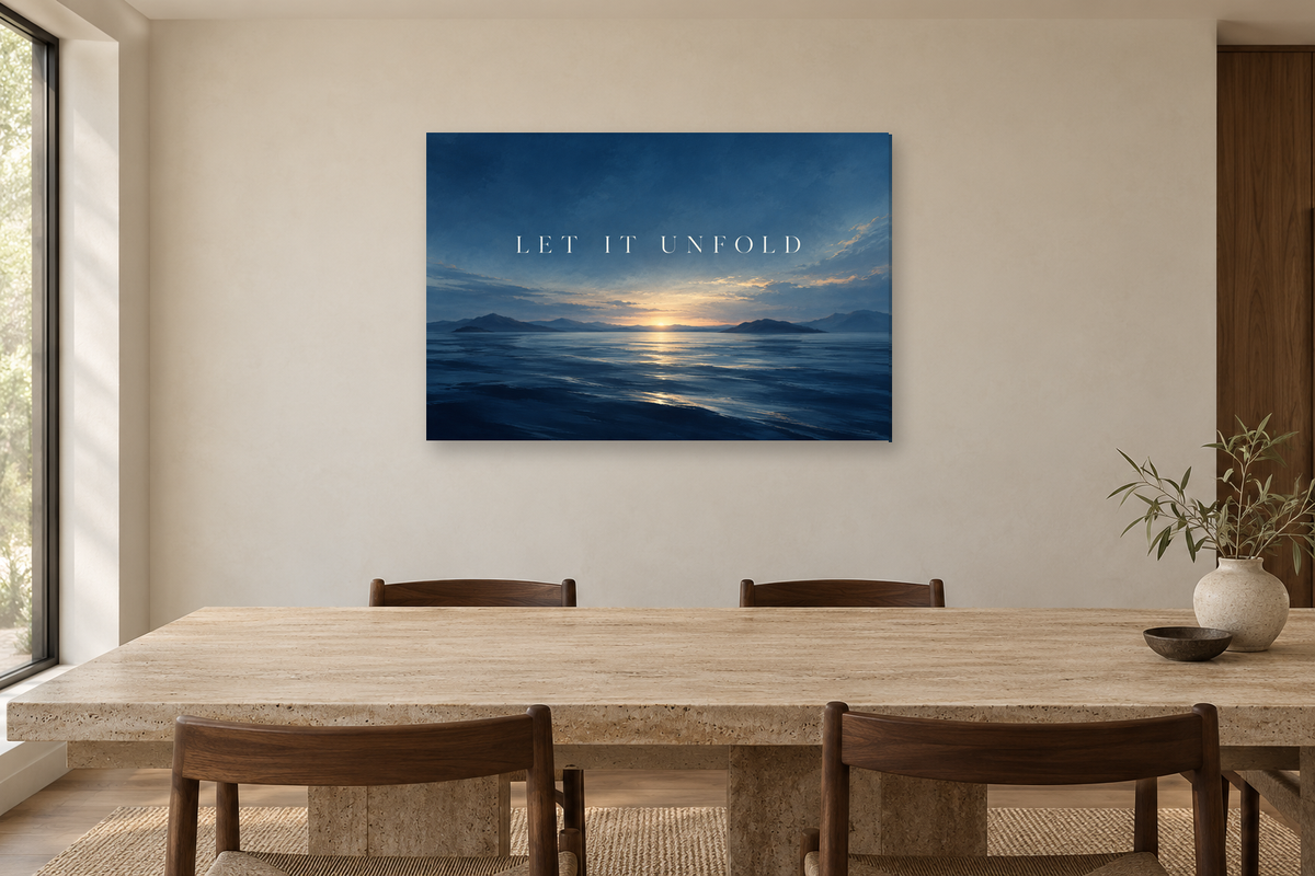 Let It Unfold — horizontal canvas in a dining room, full original artwork
