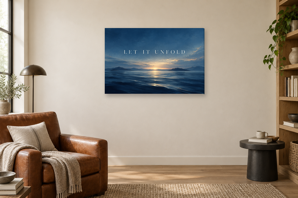 Let It Unfold — horizontal canvas in a reading corner, full original artwork