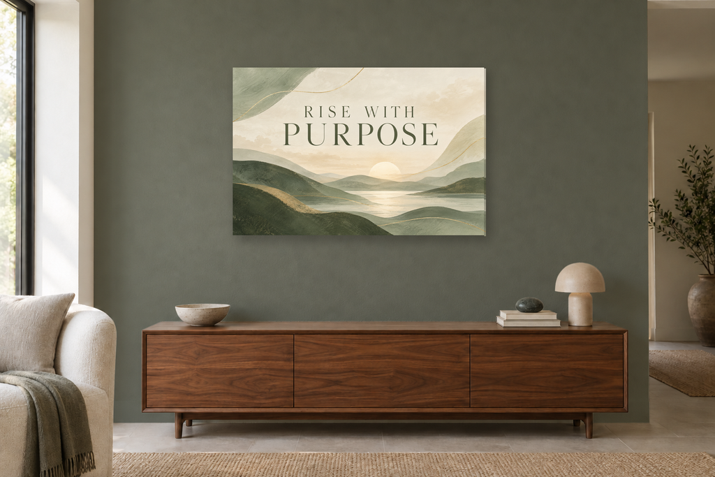 Rise With Purpose — horizontal canvas in a living room, full original artwork