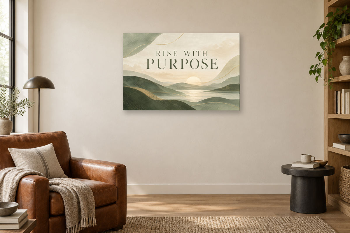 Rise With Purpose — horizontal canvas in a reading corner, full original artwork
