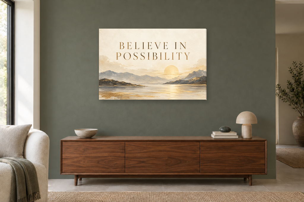 Believe In Possibility — horizontal canvas in a living room, full original artwork