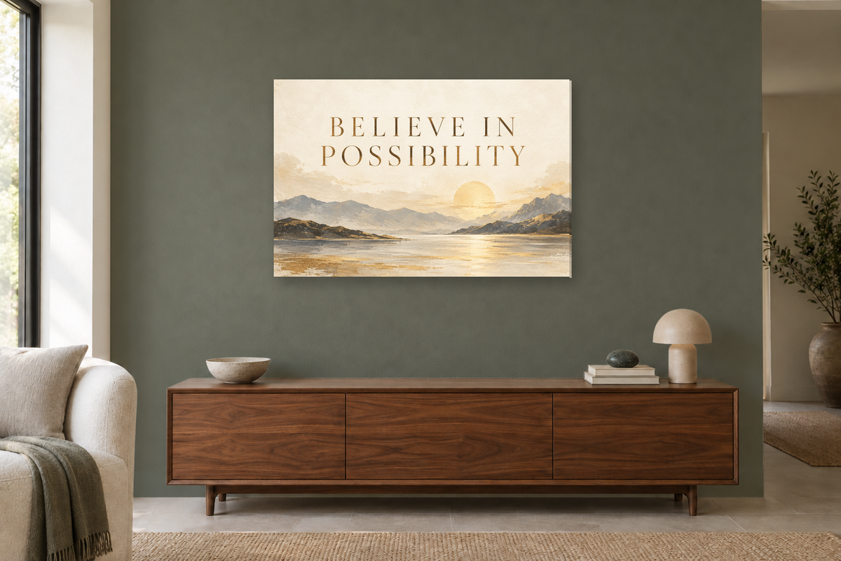 Believe In Possibility — horizontal canvas in a living room, full original artwork