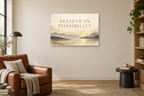 Believe In Possibility — horizontal canvas in a reading corner, full original artwork