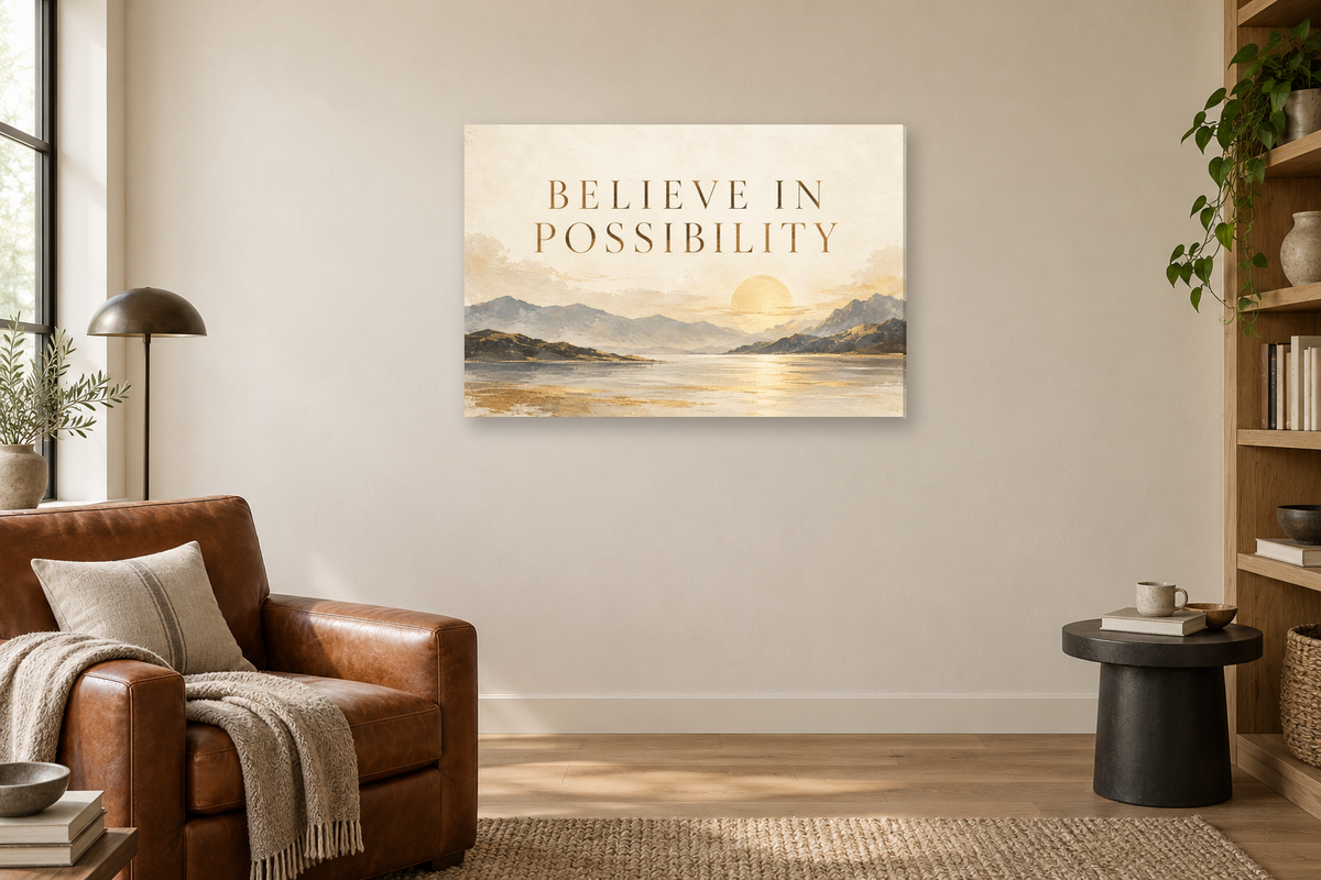 Believe In Possibility — horizontal canvas in a reading corner, full original artwork