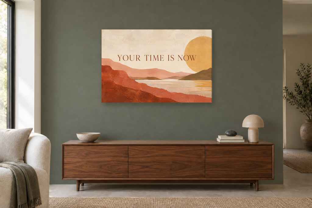 Your Time Is Now — horizontal canvas in a living room, full original artwork