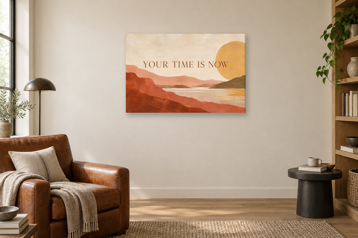 Your Time Is Now — horizontal canvas in a reading corner, full original artwork