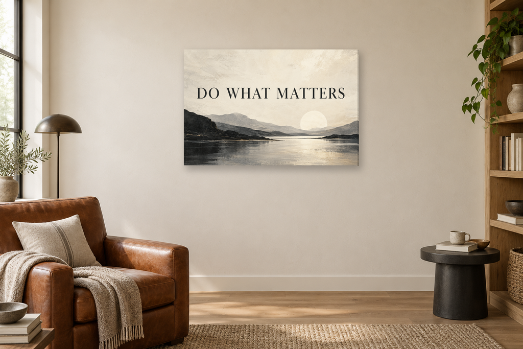 Do What Matters — horizontal canvas in a reading corner, full original artwork