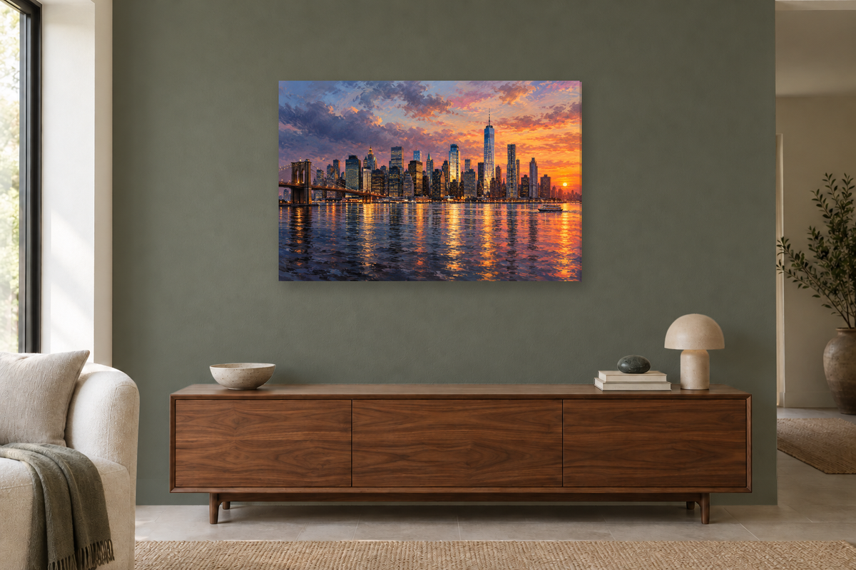 Manhattan Afterglow — horizontal canvas in a living room, full original artwork