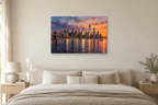 Manhattan Afterglow — horizontal canvas in a bedroom, full original artwork