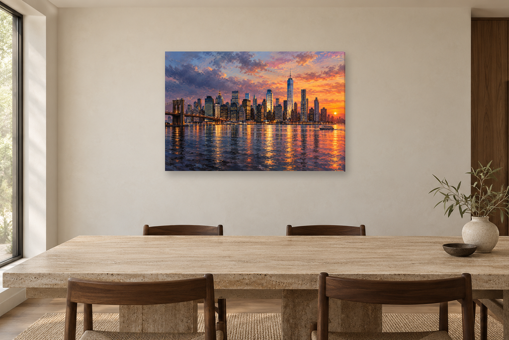 Manhattan Afterglow — horizontal canvas in a dining room, full original artwork