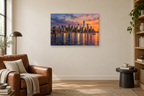 Manhattan Afterglow — horizontal canvas in a reading corner, full original artwork