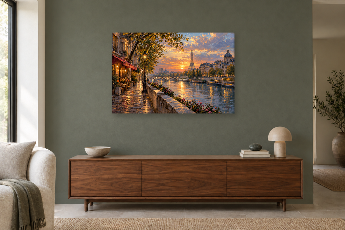 Paris Along The Seine — horizontal canvas in a living room, full original artwork